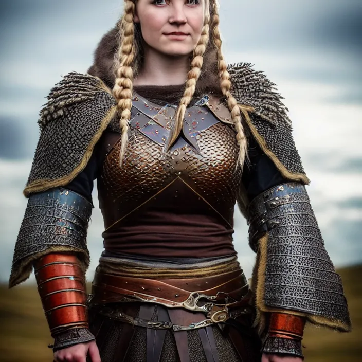 Prompt: full length photograph of a real-life beautiful female viking with intricate cloak and armour, Extremely detailed. 8k