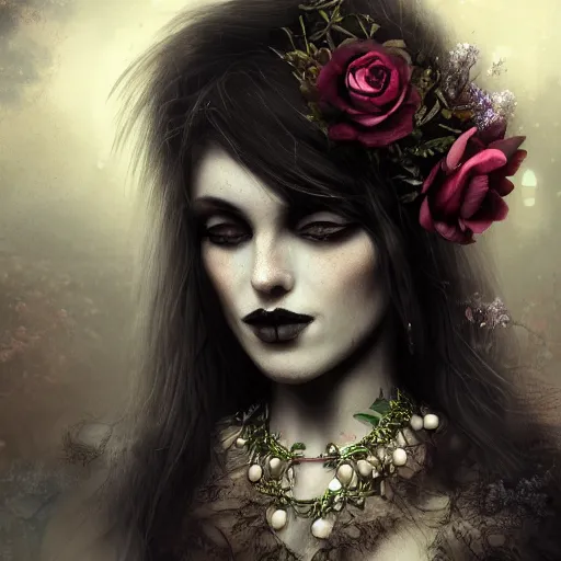 Image similar to A portrait of a Gothic goddess of floral jewels in an empty land, dark and mysterious, lively atmospheric, cinematic, 8k, 4k, ultra detail, ultra-realistic, rendered by Artstation