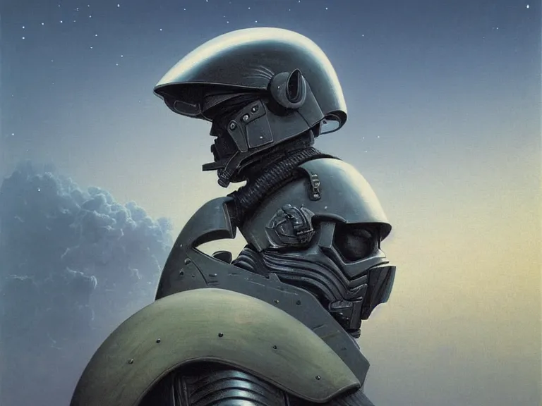 Prompt: a detailed profile portrait painting of a bounty hunter in combat armour and visor gazing into the sky. Smoke. cinematic sci-fi poster. Cloth and metal, samurai Flight suit, accurate anatomy portrait symmetrical and science fiction theme with lightning, aurora lighting clouds and stars. Clean and minimal design by beksinski carl spitzweg moebius and tuomas korpi. baroque elements. baroque element. intricate artwork by caravaggio. Oil painting. Trending on artstation. 8k