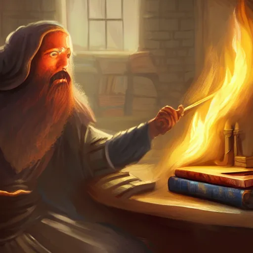 Prompt: A wizard casting a spell with fire and ice, surrounded by books, digital painting, detail oriented, highly detailed, beautiful, artstation, concept art, highly coherent, studio lighting, dynamic scene, By Barret Frymire