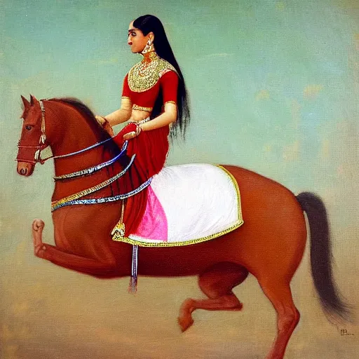 Image similar to a painting of a woman riding a white horse, an oil on canvas painting by raja ravi varma, featured on deviantart, qajar art, detailed painting, oil on canvas, acrylic art