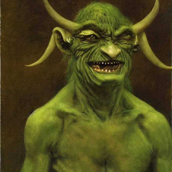 Image similar to a green-horned goblin monster, by Odd Nerdrum