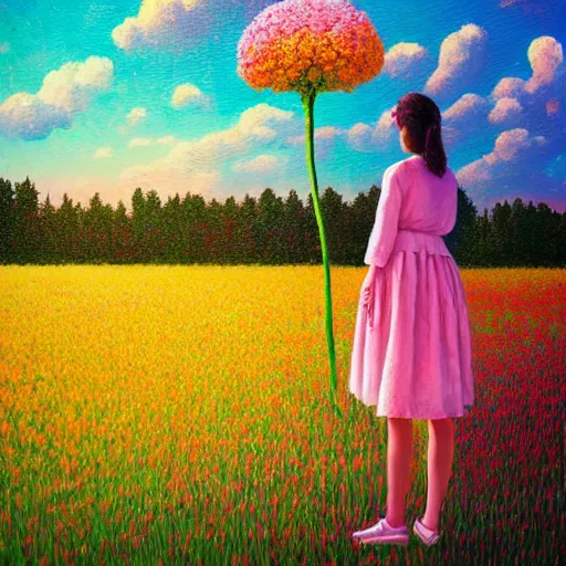 Image similar to huge flower head, girl standing in flower field, surreal photography, big trees, sunrise dramatic light, impressionist painting, colorful clouds, digital painting, pointillism, artstation, simon stalenhag