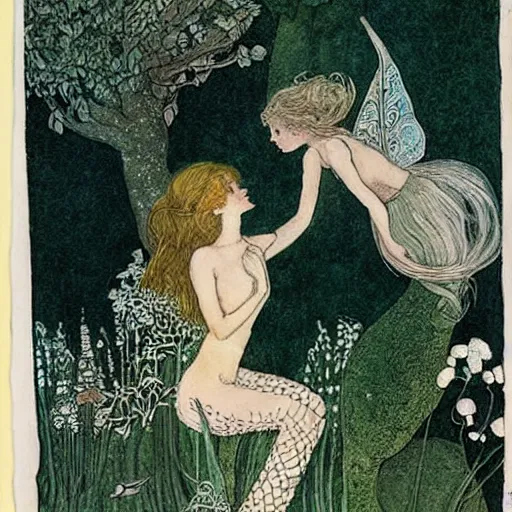 Prompt: the fairy and the mermaid, by Ida Rentoul Outhwaite