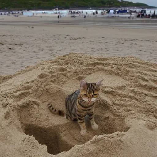Image similar to a tabby cat building a sandcastle on the beach