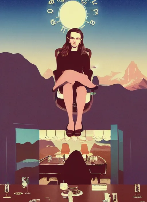 Prompt: Twin Peaks poster artwork by Olly Moss, James Northfield, Charles Hallo, Kerne Erickson, Michael Whelan and Tomer Hanuka, Rendering of Emma Watson dressed a nun sitting at a diner booth, full of details, by Makoto Shinkai and thomas kinkade, Matte painting, trending on artstation and unreal engine