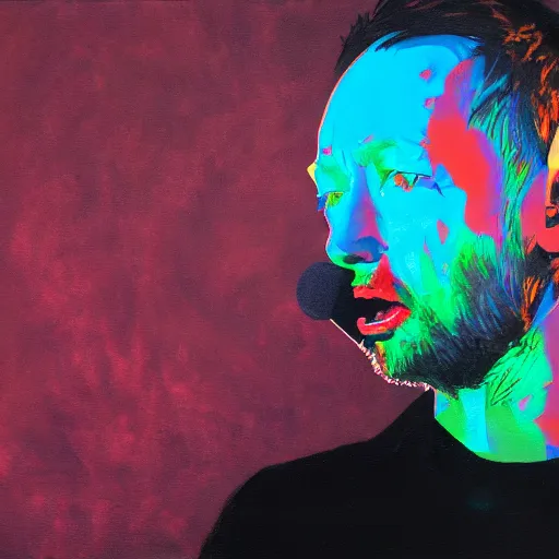 Image similar to oil painting of thom yorke, in real life, on stage, his body completely covered, with a few pieces of light show and strobe light flashes behind the stage and lighting to lighten it. he is wearing headphones and has the microphone in his mouth