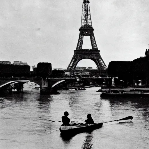 Prompt: an edwardian woman wearing white is paddling a canoe down the river Seine at night, eiffel tower visible in the background