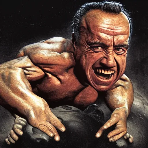 Prompt: hyperrealistic mixed media high resolution image of Danny DeVito crawling out of Arnold Schwarzenegger’s belly button in Total Recall, alien, stunning 3d render inspired art by István Sándorfi and Greg Rutkowski and Unreal Engine, perfect symmetry, dim volumetric lighting, 8k octane beautifully detailed render, post-processing, extremely hyper-detailed, intricate, epic composition, highly detailed attributes, highly detailed atmosphere, full body shot, cinematic lighting, masterpiece, trending on artstation, very very detailed, masterpiece, stunning, flawless structure, lifelike texture, perfection,