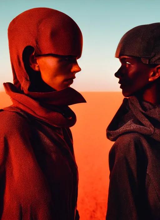 Image similar to cinestill 5 0 d photographic portrait by steve mccurry of two loving female androids wearing rugged black techwear on a desolate plain with a red sky in front of a brutalist structure, extreme closeup, cyberpunk style, dust storm, 8 k, hd, high resolution, 3 5 mm, f / 3 2, ultra realistic faces, ex machina