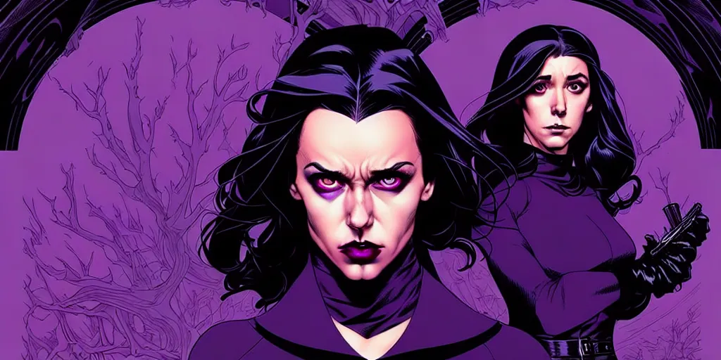 Prompt: rafael albuquerque comic cover art, artgerm, joshua middleton, pretty stella maeve witch doing black magic, serious look, purple dress, symmetrical eyes, symmetrical face, long black hair, full body, twisted evil dark forest in the background, cool colors