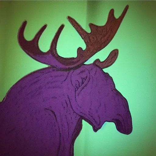 Image similar to “A majestic purple moose in profile, emerging from a swamp, artwork by Michelangelo”