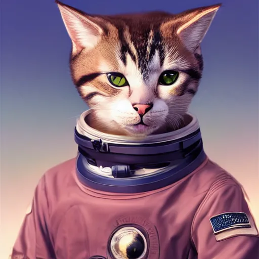 Image similar to head and shoulders masterpiece portrait of a cute adorable cat wearing a spacesuit, surreal background, digital art by krenz cushart, trending on artstation, cgsociety,