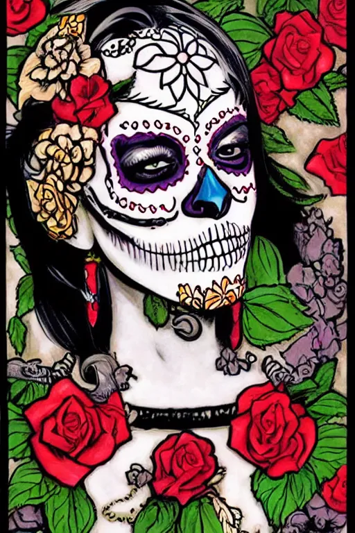 Image similar to Illustration of a sugar skull day of the dead girl, art by howard chaykin