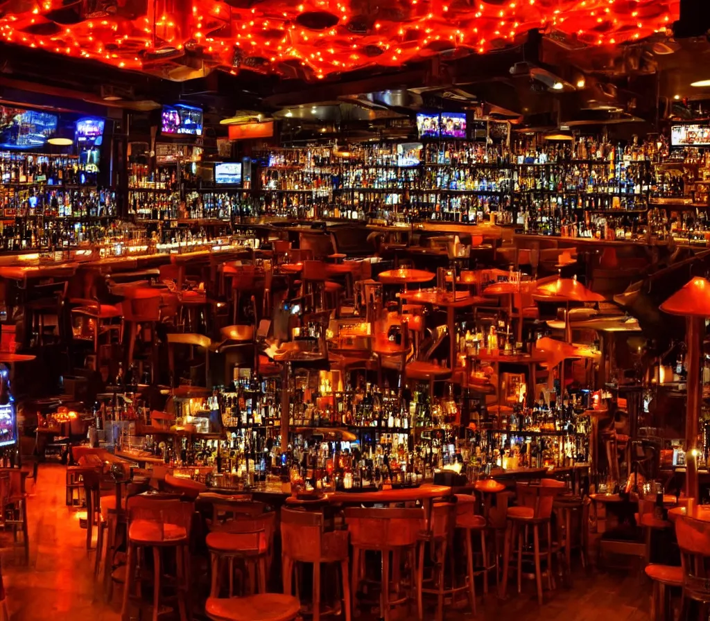 Prompt: a full shot of an entire bar restaurant with orange lighting, nighttime