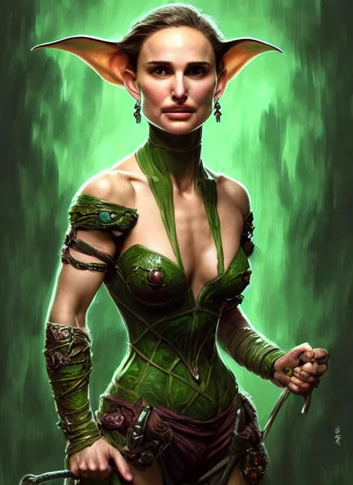 Image similar to portrait of natalie portman as a goblin, d & d, muscular! green, fantasy, intricate, elegant, highly detailed, digital painting, artstation, concept art, smooth, sharp focus, illustration, art by artgerm and greg rutkowski and alphonse mucha