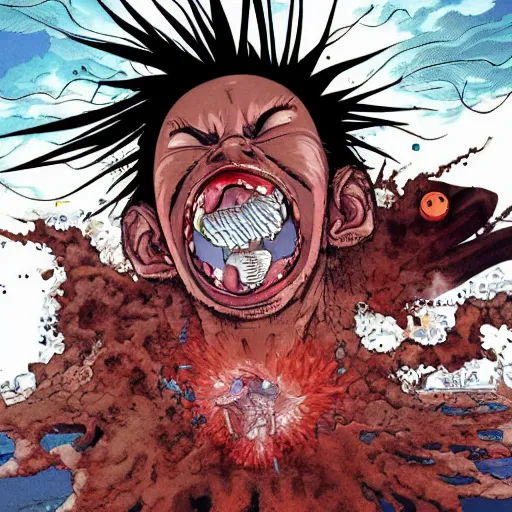 Image similar to full page illustration of tetsuo open mouth, showing a pill on his tongue, by Katsuhiro Otomo, 8k, hd, high resolution print