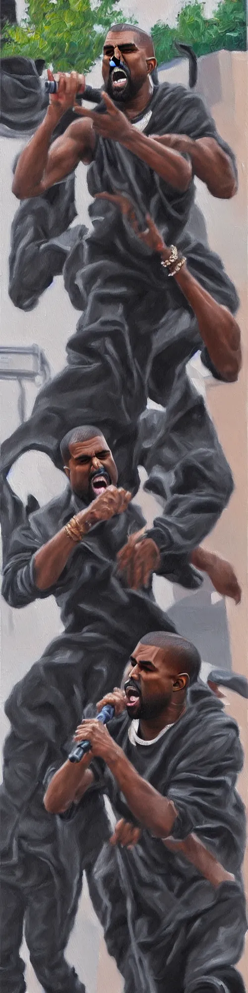 Prompt: fine oil painting of kanye west angrily yelling at you while he attacks a papparazzi on robertson boulevard