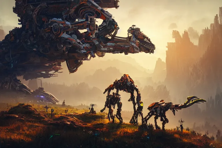 Image similar to thunderjaw machine mecanical creature robot of horizon forbidden west horizon zero dawn radiating a glowing aura global illumination ray tracing hdr fanart arstation by ian pesty and alena aenami artworks in 4 k