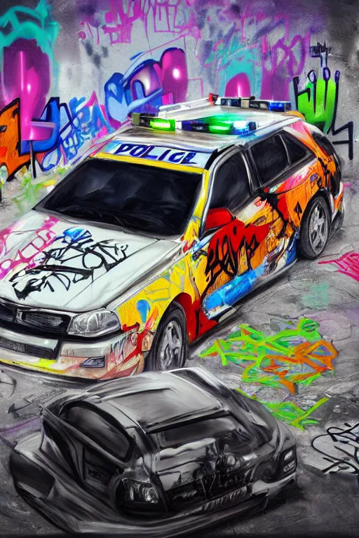 Image similar to a police car covered in graffiti by mia brownell, art by anna hotchkis, antonio saura, very detailed, maximalism, ambient occlusion, volumetric light, atmospheric haze, hyper realism, futuristic but colorful shading, cinematic composition, realistic render, photography, wide shot