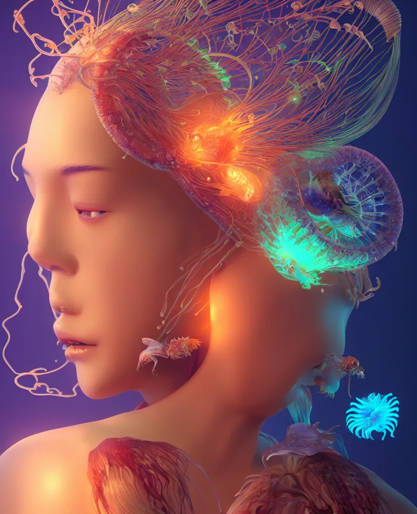 Image similar to goddess close-up portrait. orchid jellyfish phoenix head, nautilus, skull, betta fish, bioluminiscent creatures, intricate artwork by Tooth Wu and wlop and beeple. octane render, trending on artstation, greg rutkowski very coherent symmetrical artwork. cinematic, hyper realism, high detail, octane render, 8k