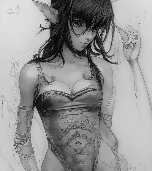 Image similar to portrait of anime elf girl wearing swimsuit, pen and ink, intricate line drawings, by craig mullins, ruan jia, kentaro miura, greg rutkowski, loundraw