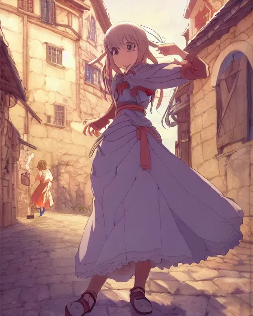 Prompt: key anime visual portrait of a young female walking through a medieval village, dynamic pose, dynamic perspective, detailed silhouette, film grain, face by yoh yoshinari, detailed, intricate