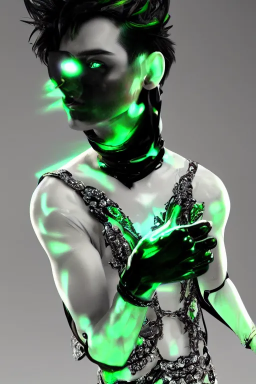 Image similar to full-body rococo and cyberpunk style crystal quartz sculpture of a young handsome seductive chilean android gogo boy reaching for the moon, glowing white laser eyes, crown of black gears and diamonds, swirling green-colored silk fabric. futuristic elements. full-length view. intricate artwork by caravaggio. Trending on artstation, octane render, cinematic lighting from the right, hyper realism, octane render, 8k, depth of field, 3D