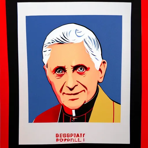 Prompt: portrait of pope benedict xvi screen print. pop art, high detail 8 k