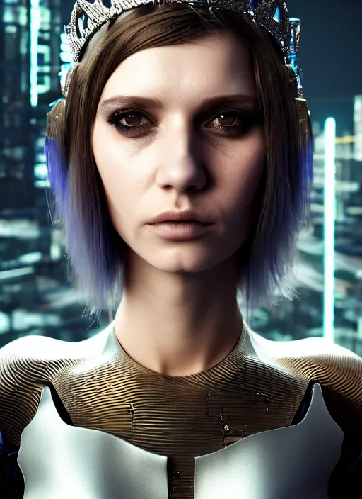 Image similar to 3 / 4 portrait, emma bot queen, crown, futuristic fashion clothing, brunette, long hair, id magazine, hyperrealism, detailed textures, photorealistic, 3 d cyberpunk apocalyptic city, ultra realistic, cinematic, intricate, cinematic light, unreal engine 8 k, octane render, unreal engine, david kostic, artgerm