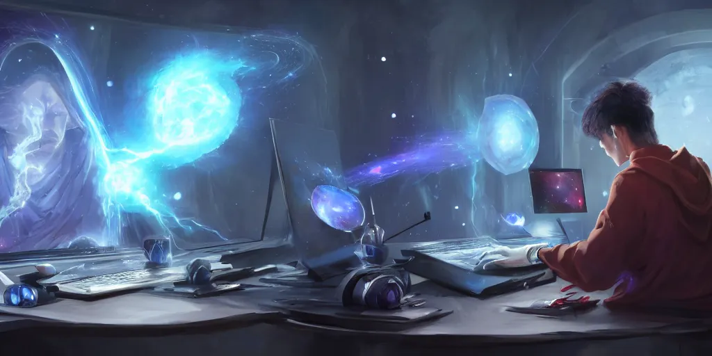 Image similar to a young mage creating a universe in his pc, a male mage in his 2 0 s with black hair sitting in front of huge monitor. extremely detailed, award - winning art, trending on artstation