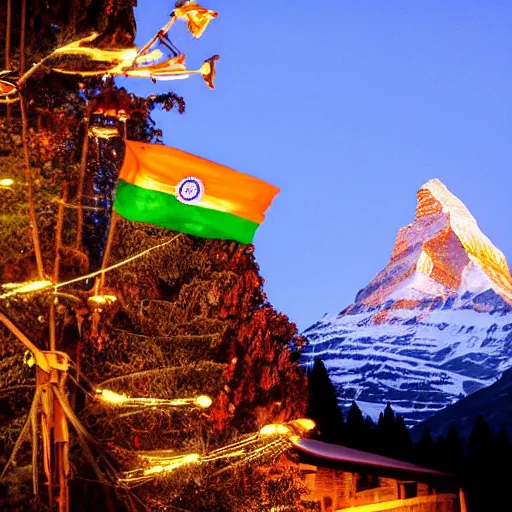 Prompt: indian flag projected illuminated on the matterhorn mountain at night, top is orange, middle white, bottom green