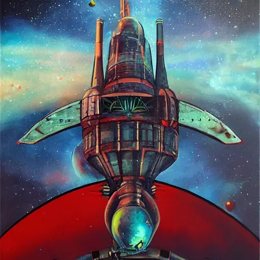 Prompt: atompunk rocket ship sailing across the infinite cosmos, beyond galaxies, raygun gothic style, evil, painting by daemorph art