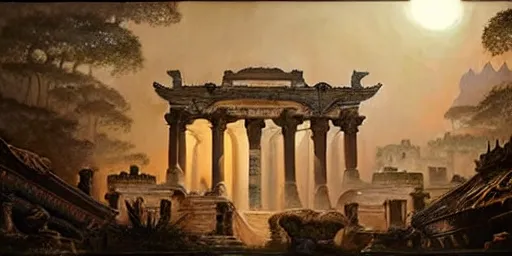 Image similar to beautiful hyperrealistic epic painting of the mysterious intricate ruins of a temple from an advanced alien civilization under the moonlight, by hubert robert and lee madwick and bastien lecouffe deharme, dramatic lighting