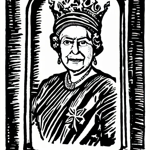 Image similar to queen elizabeth wearing skimask, lino print as whiskey bottle label