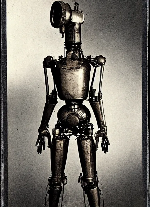 Prompt: 1 8 8 5 frontal photo of a steampowered riveted glados from portal 2, daguerrotype, high quality