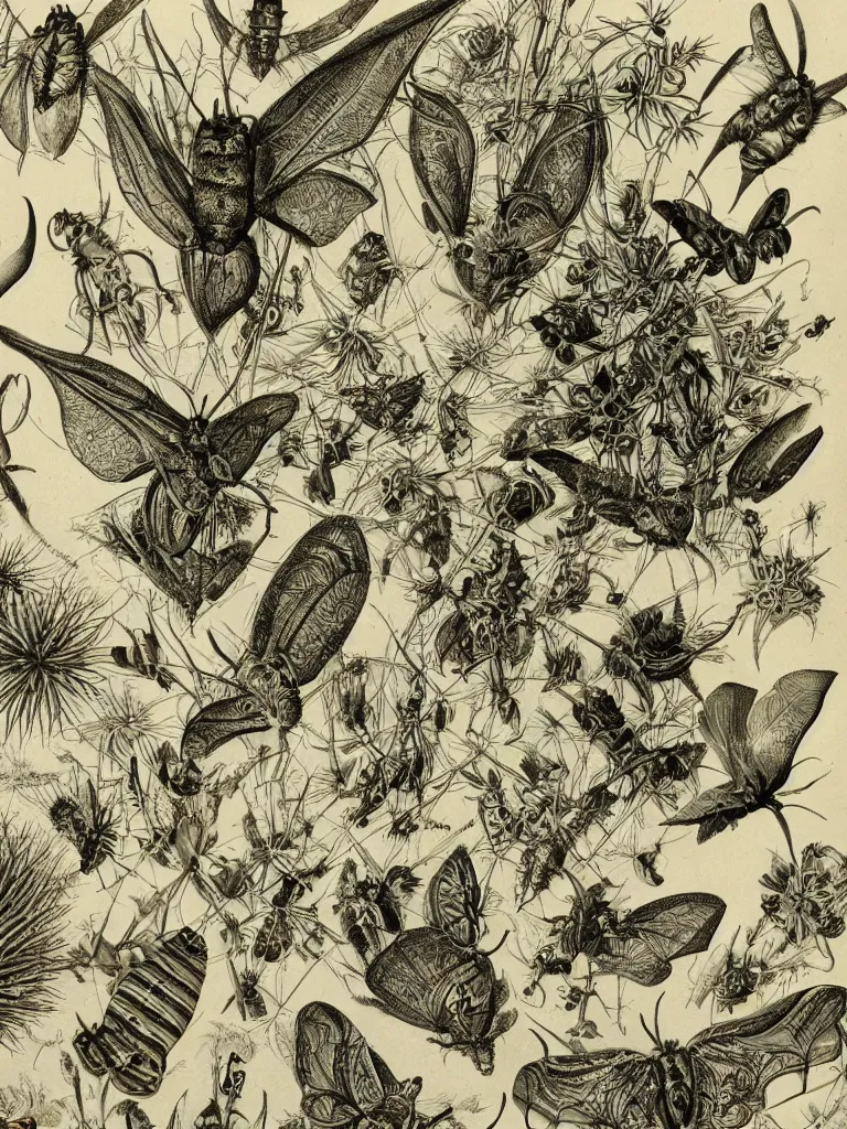 Image similar to moths and bats and glowing cactus, by ernst haeckel and by walton ford