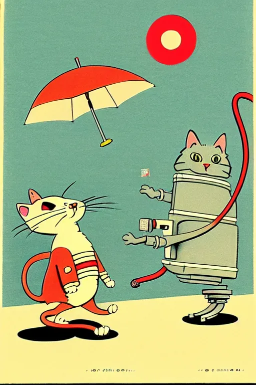 Image similar to by richard scarry. a cat chasing a robot mouse. a 1 9 5 0 s retro illustration. studio ghibli. muted colors, detailed