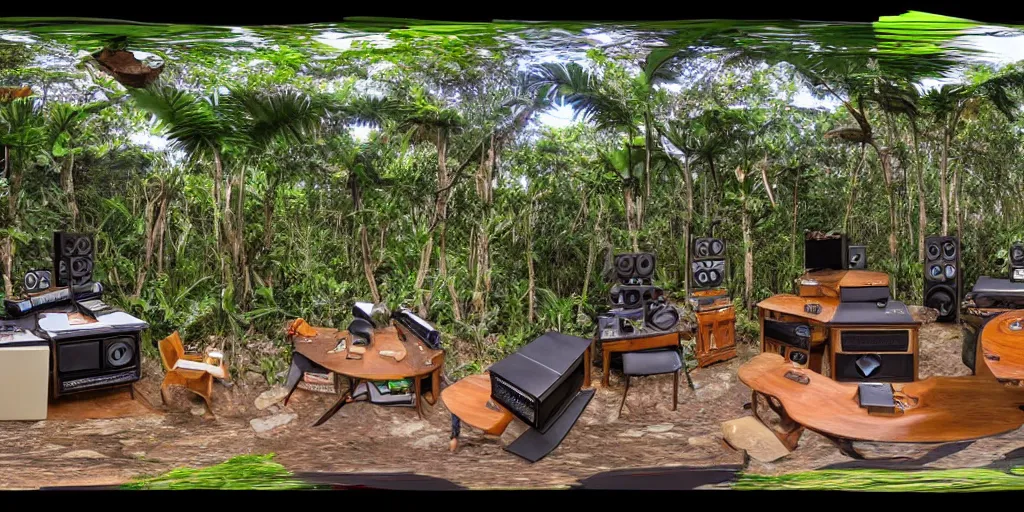 Image similar to a dream recording studio with turntables and large speakers in the jungle, by james gurney, equirectangular projection 360 panoramic
