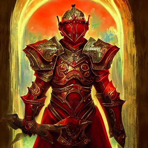 Image similar to blood paladin, fantasy art, located in a castle, legendary armor, red sunlight through the window, decorated, high quality, highly detailed,