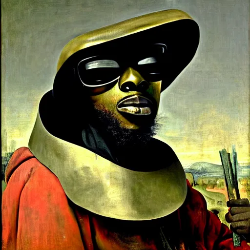 Prompt: high quality celebrity painting of rap artist mf doom, hip hop artist mf doom with dimes raining down, mf doom portrait by the old dutch masters, rembrandt, hieronymous bosch, frans hals