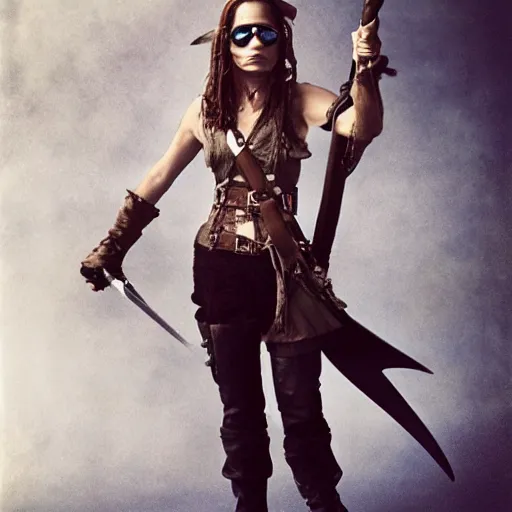 Prompt: a Swashbuckling pirate wearing her best shark skin, photo by annie Leibowitz