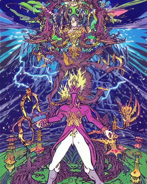 Prompt: the destroyer of worlds, the taker of lives, magical forest, art by Moebius and Yusei Uesugi