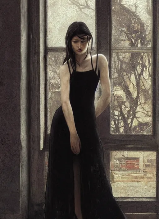 Image similar to a lonely young girl eveline from resident evil 7 with straight long black hair wearing black dress that sitting on bathroom floor, photo for vogue, model エリサヘス s from acquamodels, art by artgem, greg rutkowski and alphonse mucha