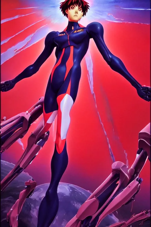 Image similar to beautiful cinematic Neon Genesis Evangelion poster, art direction by Drew Struzan ;by artgerm; wayne reynolds, wayne barlowe, art station; cinematic quality character render; low angle; ultra high quality model; production quality cinema model