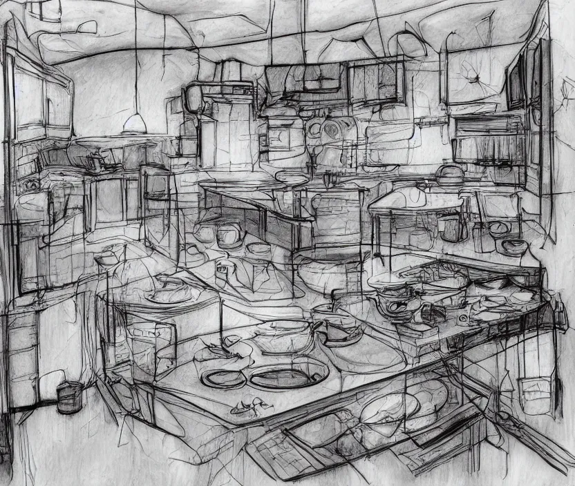 Image similar to An of interior of a kitchen at night, rotoscoped, rotoscope, photoshop, photomanipulation, realism, painting, illustration and sketch, weird scribbles, hybrid styles, hybrid art styles, mismatched, trending on artstation, trending on deviantart, weird, quirky, interesting, very detailed, highly detailed, HD Quality, 4k resolution, 8k resolution, in the style of David Firth, in the style of James Lee, in the style of Drue Langlois,