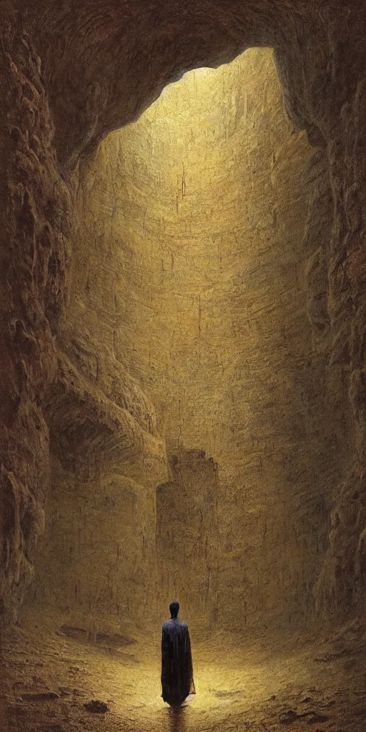 Image similar to an explorer standing in an ancient city inside a cave, by Beksinski and Lauire Lipton