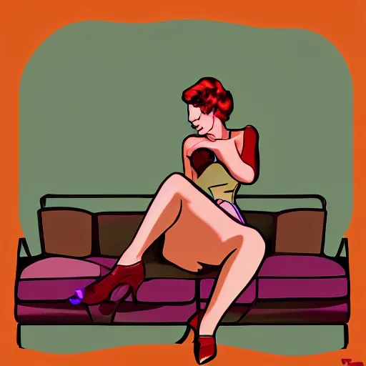 Prompt: a pin up woman playing a videogame, front view, digital art, dark lighting, couch, control, photo