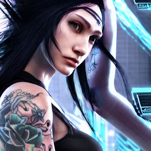 Image similar to a woman with long black hair and a tattoo on her arm, cyberpunk art by du jin, cgsociety, retrofuturism, movie still, playstation 5 screenshot, futuristic