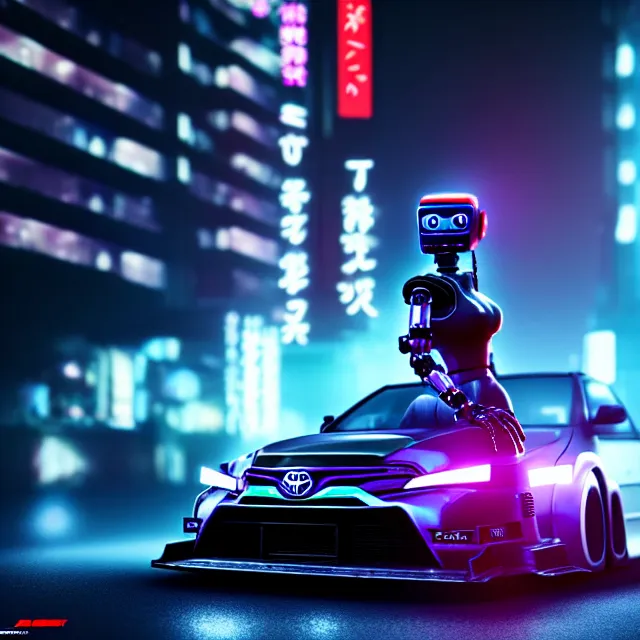 Image similar to toyota jzx 1 0 0 drift with pretty cyberpunk robot girl standing, detailed wheels, shibuya prefecture, cinematic lighting, photorealistic, night photography, octane render by tomino - sama